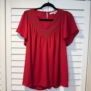 Fun 2 Fun Red Crochet Lace V-Neck Flutter Sleeve Blouse Top XL